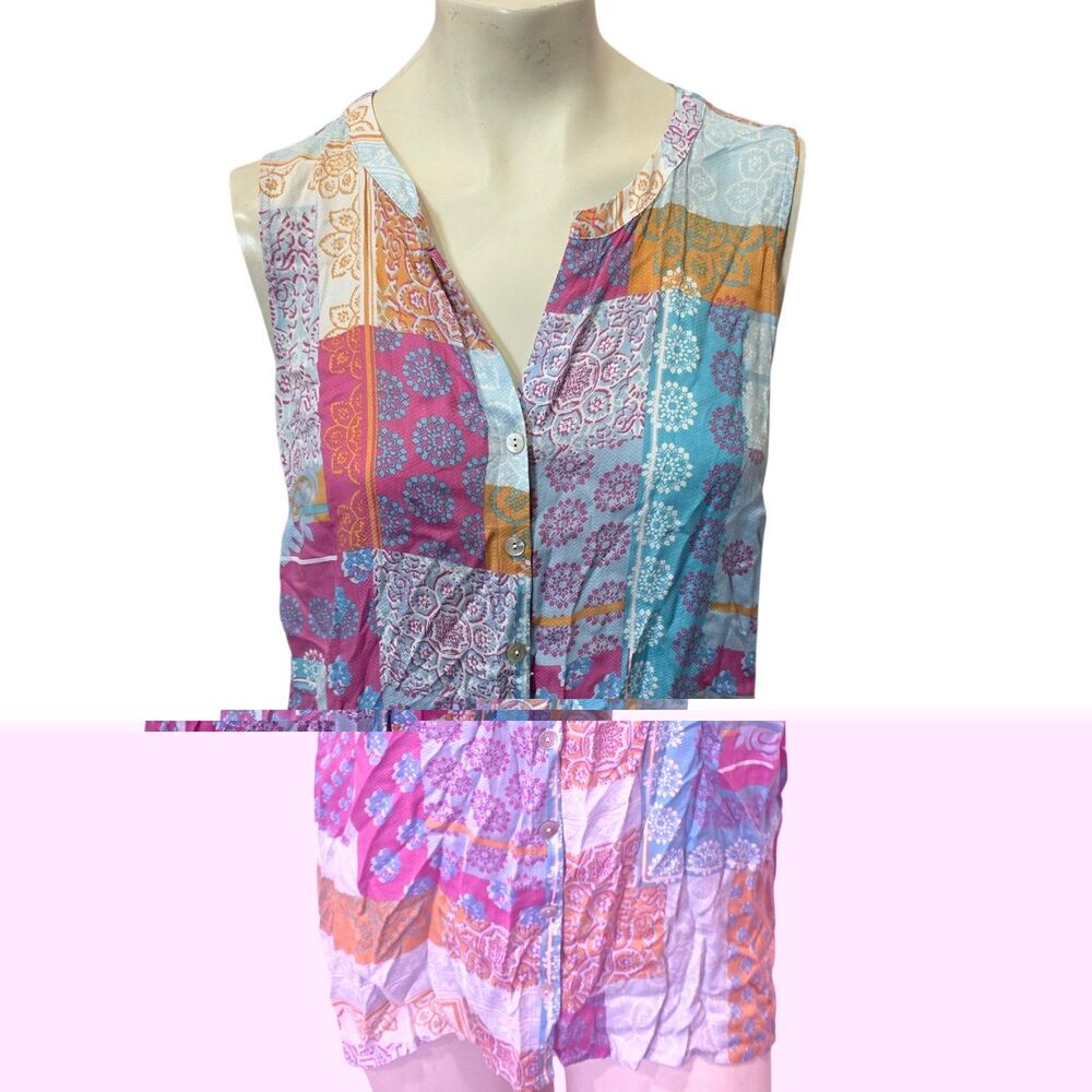 J Jill Medium Patchwork Boho Sleeveless Button Front Rayon Tunic Top Multicolor